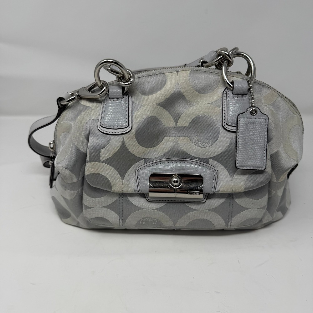 Coach Madison Dotted Op Art Sophia Satchel Handbag Silver Grey Women M